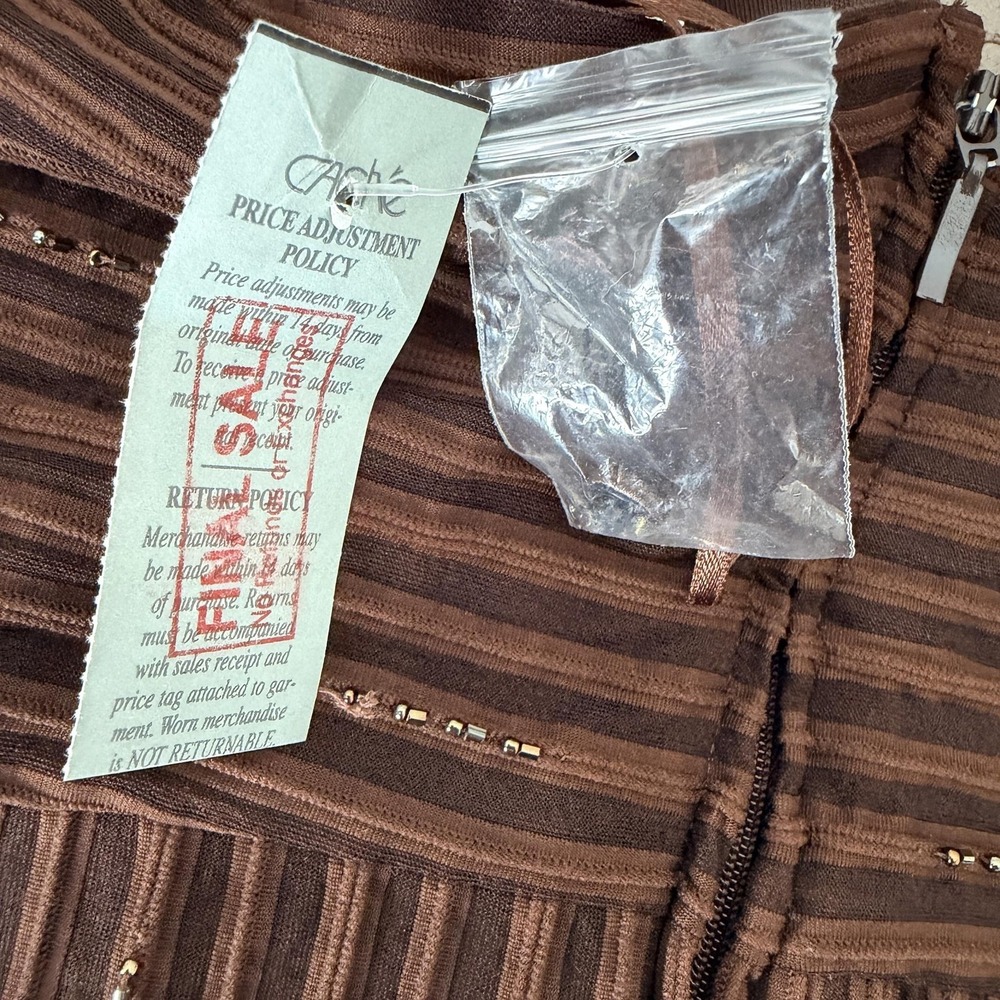 VTG Y2K Cache Top 8 Brown Beaded Halter Camisole Ottoman Stripe Party Blouse - Picture 5 of 16